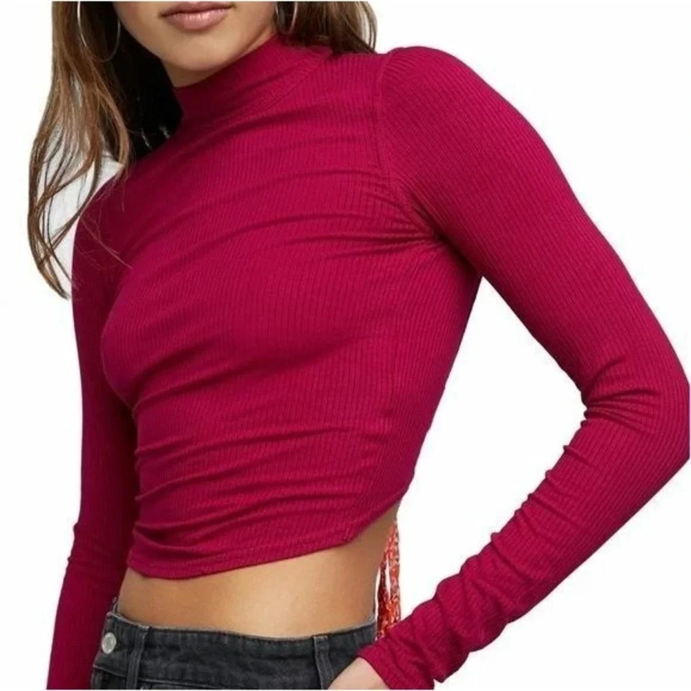 Free People Women's Night Out Red Long Sleeve Shirt Top‎ OB1167433 Size M